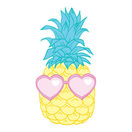 Cartoon pineapple in glasses. Fresh cute exotic fruit wear in sunglasses. Fanny summer vector illustration isolated on white.のイラスト素材