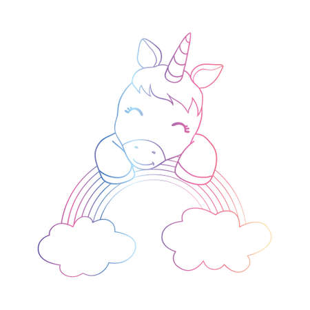 Cute Cartoon Unicorn isolated on white background. Vector illustration for coloring booksのイラスト素材