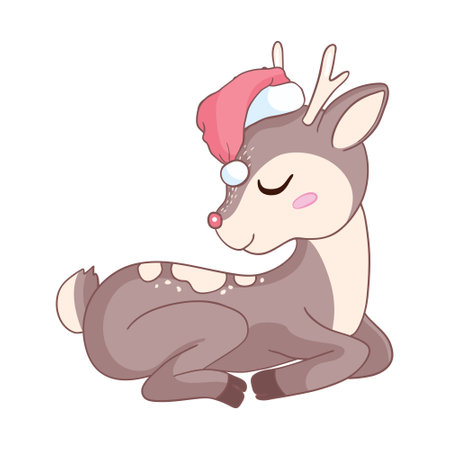 Vector illustration of a cute cartoon deer in a Santa hat on a white backgroundのイラスト素材