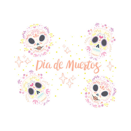 Mexico flowers, skull and food elements on a white background. vector illustrationのイラスト素材