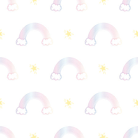 Rainbows and dots cute seamless pattern on white background.Hand drawn print with simple shapes in scandinavian style. Design for nursery, textile,fabric,wallpaper etcのイラスト素材