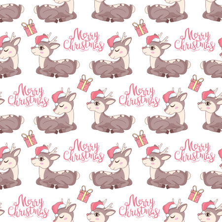Christmas deer vector seamless pattern illustration. Reindeer vector head with horn and Santa hatのイラスト素材