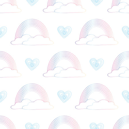 Rainbows and dots cute seamless pattern on white background.Hand drawn print with simple shapes in scandinavian style. Design for nursery, textile,fabric,wallpaper etcのイラスト素材