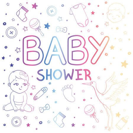 Inscription Baby shower greeting card with baby boy and girl on white backgroundのイラスト素材