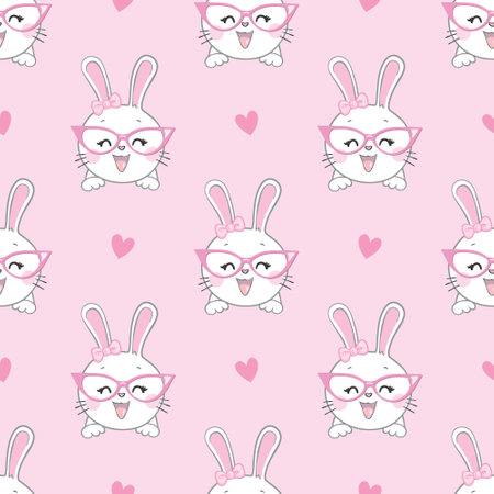 Seamless Pattern Rabbit and bow. Hand Drawn Bunny and heart, print design rabbit background. Vector Seamless. Print Design Textile for Kids Fashion.のイラスト素材