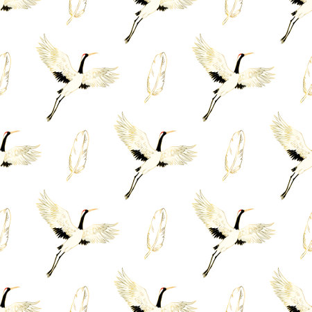 Decorative kimono floral motif background pattern with crane and flowers vector illustrationのイラスト素材
