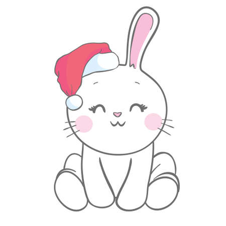 Cute rabbit card. Santa Claus hat on bunny vector illustration. New Year square banner with smiling bunny. Winter holiday package design. Flat forest animal.のイラスト素材