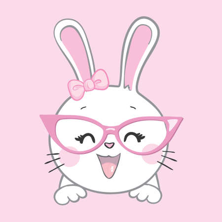 Cute little rabbit with pink glasses. Funny bunny face. Vector illustration for children print design, kids t-shirt, baby wearのイラスト素材