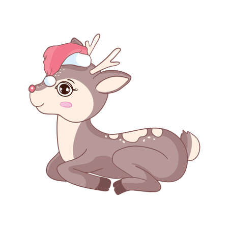 Vector illustration of a cute cartoon deer in a Santa hat on a white backgroundのイラスト素材