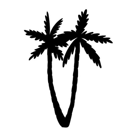 palm trees isolated on white background. Black silhouettes of trees in the wind. Tropical landscape element design. Monochrome simple plants vector flat illustration.のイラスト素材