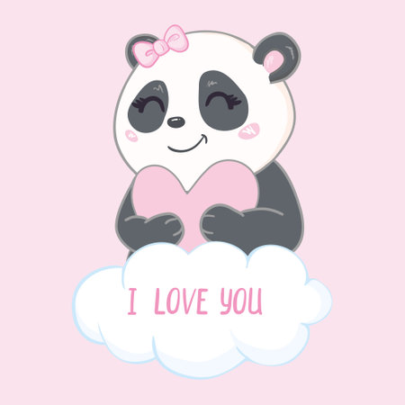 Illustration with cute cartoon panda. Illustration for the girl. pink background.のイラスト素材