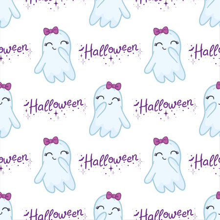 The vector pattern of ghosts. Colorful ghosts with different emotions. Suitable for Halloween greetings, advertising, postcards, prints, bannersのイラスト素材