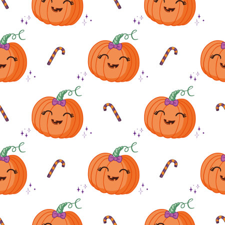 Seamless pattern for Halloween holiday with cute pumpkin. Childish background for fabric, wrapping paper, textile, wallpaper and apparel. vector illustrationのイラスト素材