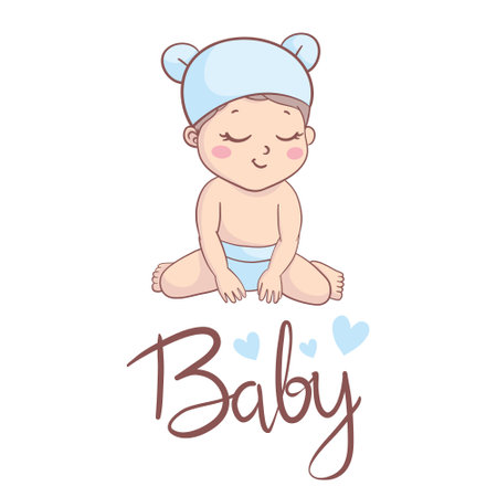 Cute baby girl in diaper. vector illustration. baby shower card.のイラスト素材