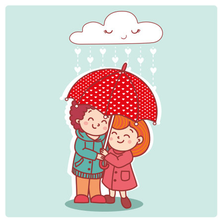 Cute little boy and girl in raincoat with umbrella, vector illustrationのイラスト素材