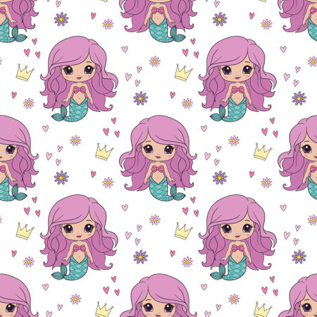 Mermaids girls vector pattern. Cute cartoon card with little mermaid seamless pattern. Fish, mermaid under the sea cartoon styleのイラスト素材