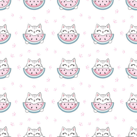 Hand Drawn cute cat and watermelon Seamless pattern summer childrens print vector illustration for printing, Sketch kittenのイラスト素材