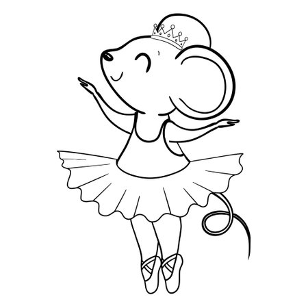 Coloring Book for kids with mouse ballerina. Outline animal vector illustration. Adorable character for cards, wallpaper, textile, fabric, kindergarten.のイラスト素材