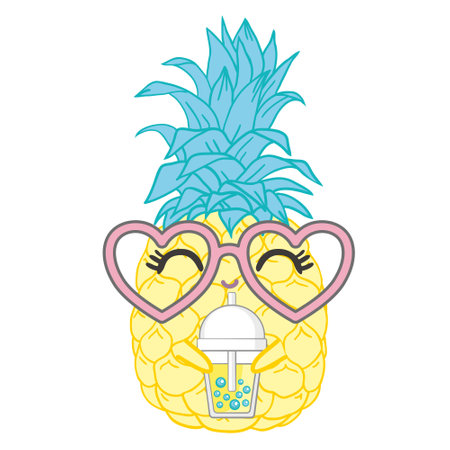 Funny pineapple with glasses and cocktail vector illustration. A hand-drawn summer postcard.のイラスト素材
