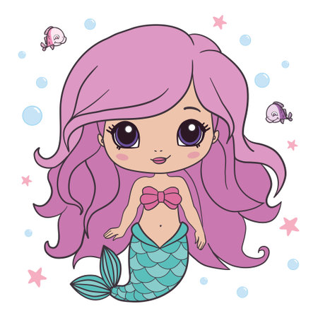Beautiful little mermaid. Siren. Sea theme. Hand drawn vector illustration on a white background.のイラスト素材