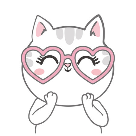 vector illustration of a cute cat sketch, cat print design, children's print on a girl's T-shirt. a hand-drawn cat with glassesのイラスト素材