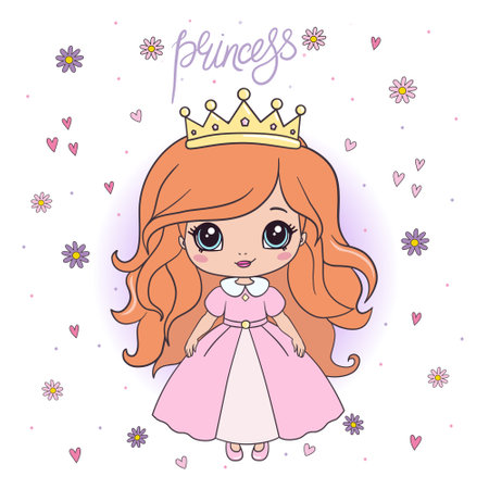 The princess is a sweet little princess. A hand-drawn beautiful, pretty, romantic curly-haired girl Princess. Vector illustration.のイラスト素材