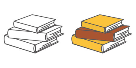 A sketch book, a coloring book and a book in color. Vector illustration in a flat style on a white background. Set of school supplies composition. Children's subjects for study.のイラスト素材
