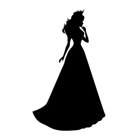 the silhouette of a princess in a long fluffy dress with a crown on her head. Vector illustration.のイラスト素材