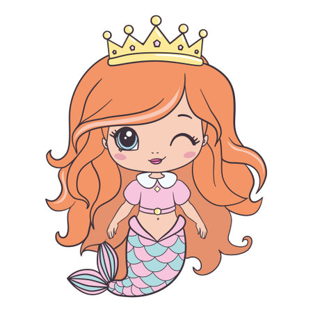 Little mermaid princess. Fantasy vector illustration isolated. Beautiful little mermaid. Siren. Sea theme. Hand drawn vector illustration on a white background.のイラスト素材