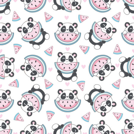 Vector hand drawn seamless pattern with cute panda. Watermelons and hearts in the Scandinavian style on the background. Kawaii animals. Children's wallpaper.のイラスト素材