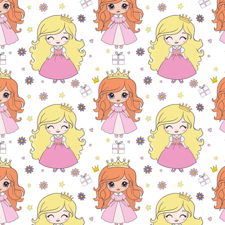 Childish seamless pattern with princess in scandinavian style. Creative vector childish background for fabric, textileのイラスト素材