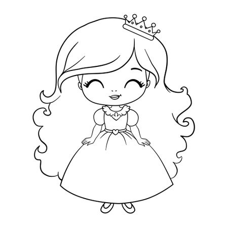A cute little princess in a dress with a crown. A coloring book page with a colorful template for children. Vector isolated illustration. For coloring, printing, games, parties, designのイラスト素材