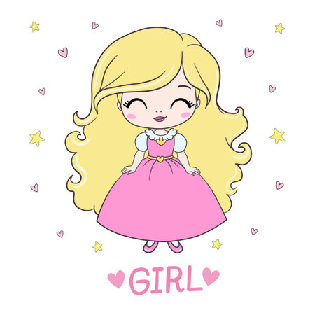 cute girl vector design. T-shirt print. Book illustrations for children. Romantic hand drawing poster. cartoon characterのイラスト素材