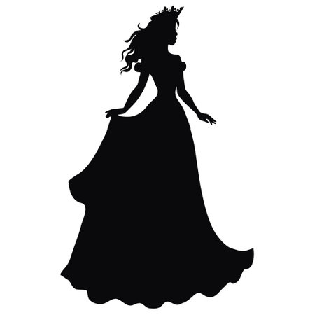 the silhouette of a princess in a long fluffy dress with a crown on her head. Vector illustration.のイラスト素材