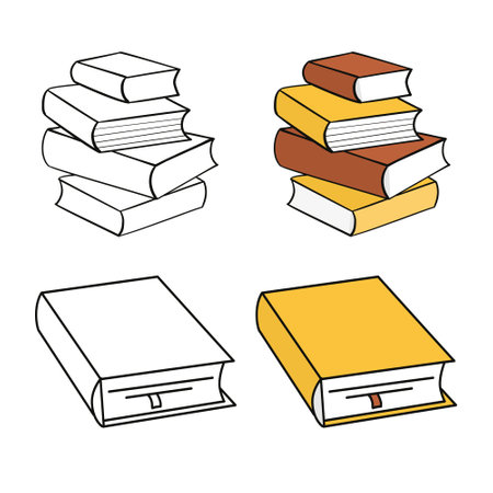 A sketch book, a coloring book and a book in color. Vector illustration in a flat style on a white background. Set of school supplies composition. Children's subjects for study.のイラスト素材