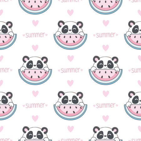 Vector hand drawn seamless pattern with cute panda. Watermelons and hearts in the Scandinavian style on the background. Kawaii animals. Children's wallpaper.のイラスト素材