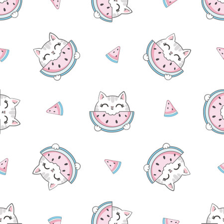 Hand Drawn cute cat and watermelon Seamless pattern summer childrens print vector illustration for printing, Sketch kittenのイラスト素材