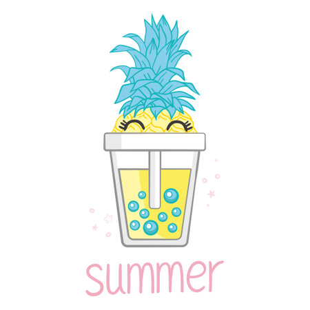 Funny pineapple with glasses and cocktail vector illustration. A hand-drawn summer postcard.のイラスト素材