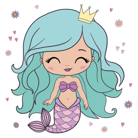 Beautiful little mermaid. Siren. Sea theme. Hand drawn vector illustration on a white background.のイラスト素材