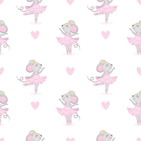 seamless pattern mouse ballerina. cute pattern for children's textiles a mouse in a skirt and crown is dancing. minimalistic pattern for children's textiles, printing, wallpaper.のイラスト素材