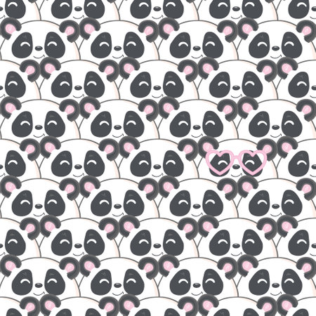 Seamless pattern with hand drawn cute pandas and hearts for Valentine's Day, mother's day, birthday, wedding. Pink background. Doodles, sketch. Vector illustration.のイラスト素材