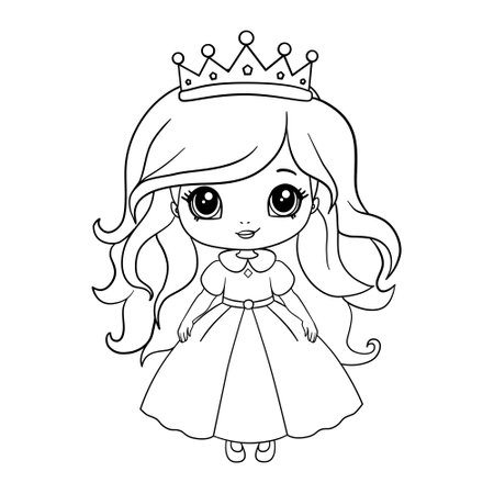 A cute little princess in a dress with a crown. A coloring book page with a colorful template for children. Vector isolated illustration. For coloring, printing, games, parties, designのイラスト素材