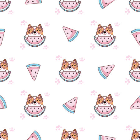 Summer seamless patterns for dogs. Digital printing paper. Seamless drawing of a funny puppy on a white background. watermelon sunglassesのイラスト素材
