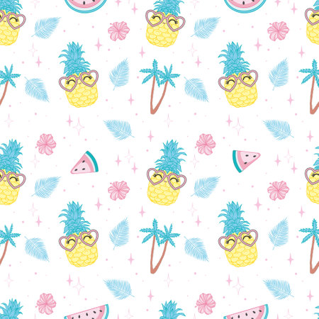 Seamless background with pineapple in glasses. Ideal for invitations, greeting cards, wrapping paper, posters, fabric prints. Vector illustration.のイラスト素材