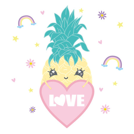 Cute cartoon character Pineapple with a heart and the inscription love you. For postcards, banner stickers and prints for Valentine's Day.のイラスト素材
