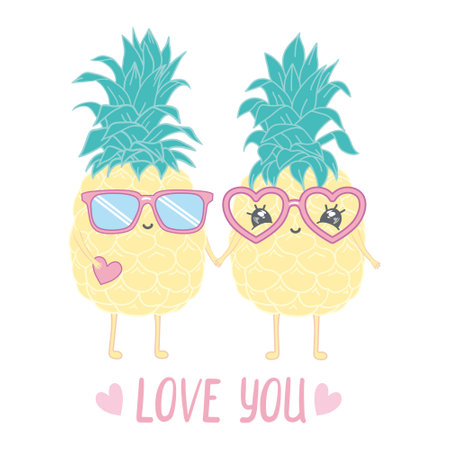 Cute cartoon character Pineapple with a heart and the inscription love you. For postcards, banner stickers and prints for Valentine's Day.のイラスト素材