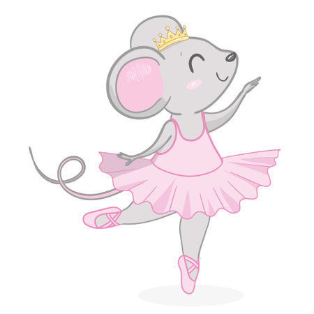 Hand drawn beautiful, lovely, little mouse ballerina girl with crown on her head. Vector illustration.のイラスト素材