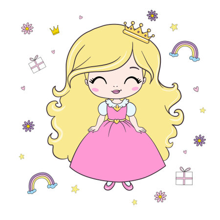 The princess is a sweet little princess. A hand-drawn beautiful, pretty, romantic curly-haired girl Princess. Vector illustration.のイラスト素材