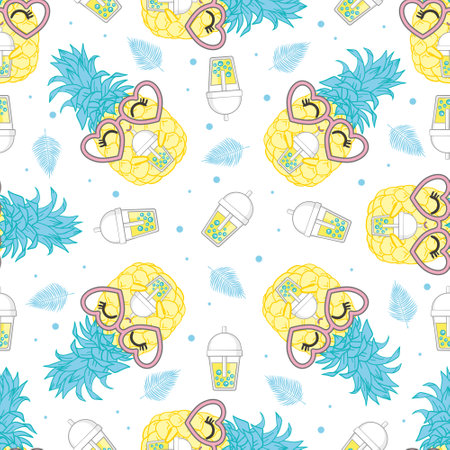 Seamless background with pineapple in glasses. Ideal for invitations, greeting cards, wrapping paper, posters, fabric prints. Vector illustration.のイラスト素材