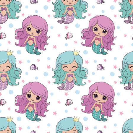 Mermaids girls vector pattern. Cute cartoon card with little mermaid seamless pattern. Fish, mermaid under the sea cartoon styleのイラスト素材